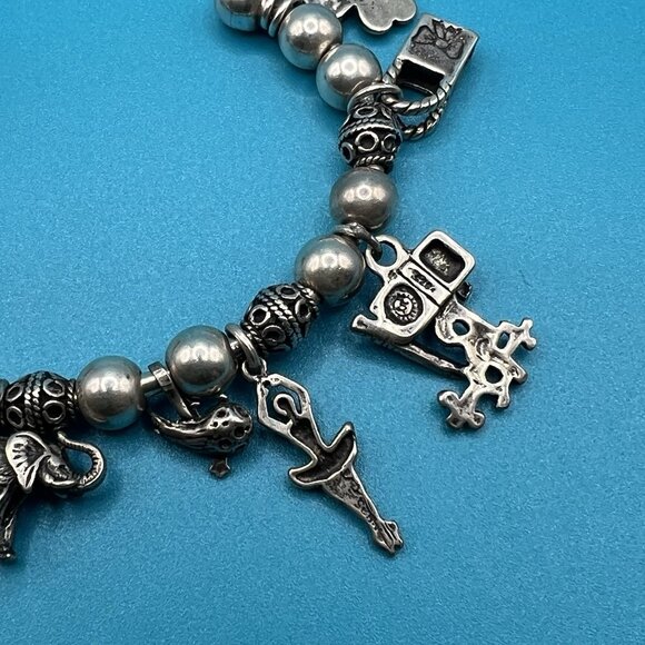 Sterling Silver 925 Charm Bracelet Cuff Beaded Ballerina Ruler Apple Elephant - Picture 7 of 11
